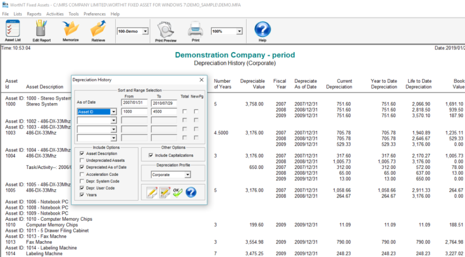 screenshot of WorthIT Fixed Assets